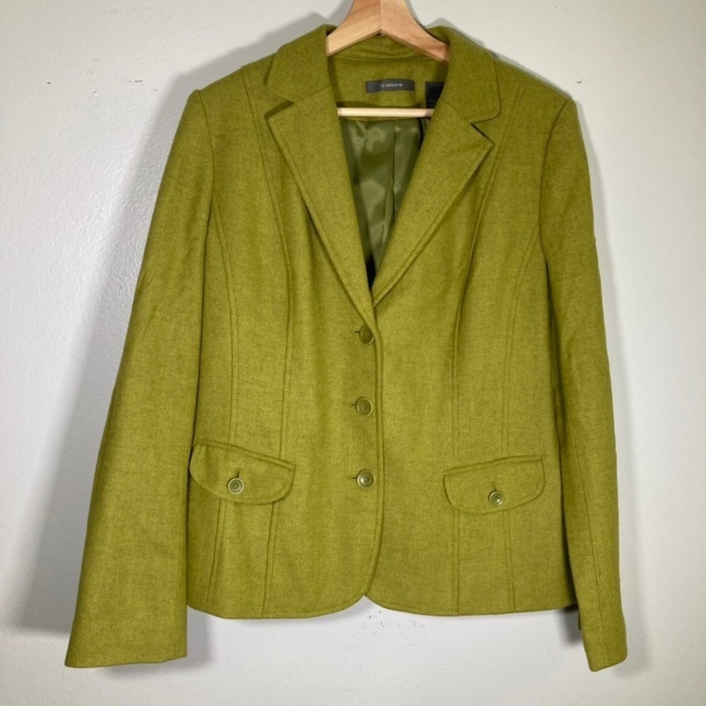 Liz Claiborne Women 12 Green Wool Blend Blazer Jacket Chartreuse 3-Button